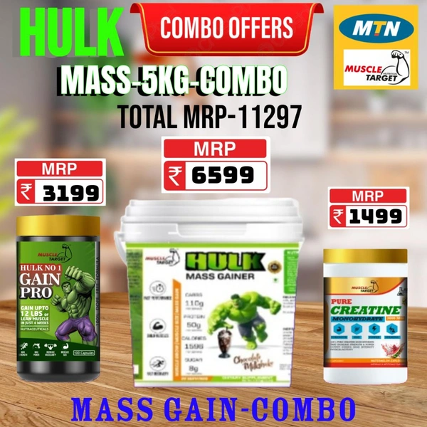 𝐂𝐎𝐌𝐁𝐎 :  𝗛𝗨𝗟𝗞 𝗠𝗔𝗦𝗦 𝗚𝗔𝗜𝗡𝗘𝗥 - 5𝗞𝗚 + GAINS PRO +  CREATINE 100GM