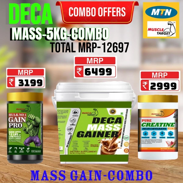 𝗖𝗢𝗠𝗕𝗢 : 𝗗𝗘𝗖𝗔 𝗠𝗔𝗦𝗦 𝗚𝗔𝗜𝗡𝗘𝗥 - 5𝗞𝗚 + GAINS PRO + CREATINE 250GM