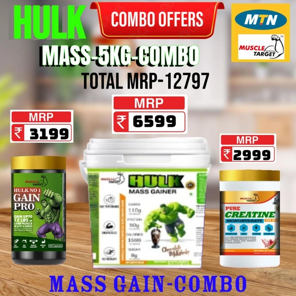 𝐂𝐎𝐌𝐁𝐎 :  𝗛𝗨𝗟𝗞 𝗠𝗔𝗦𝗦 𝗚𝗔𝗜𝗡𝗘𝗥 - 5𝗞𝗚 + GAINS PRO +  CREATINE 250GM