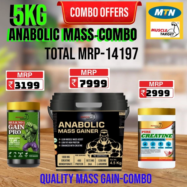 𝐂𝐎𝐌𝐁𝐎 : 𝗔𝗡𝗔𝗕𝗢𝗟𝗜𝗖 𝗠𝗔𝗦𝗦 𝗚𝗔𝗜𝗡𝗘𝗥 - 5𝗞𝗚 + GAINS PRO + CREATINE 250GM
