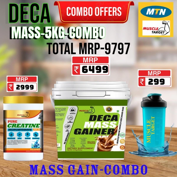 𝐂𝐎𝐌𝐁𝐎: 𝗗𝗘𝗖𝗔 𝗠𝗔𝗦𝗦 𝗚𝗔𝗜𝗡𝗘𝗥 - 5𝗞𝗚 + PURE CREATINE 250GM