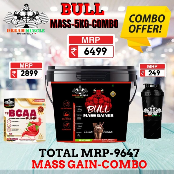 𝗖𝗢𝗠𝗕𝗢 :𝗕𝗨𝗟𝗟 𝗠𝗔𝗦𝗦 𝗚𝗔𝗜𝗡𝗘𝗥-5KG + BCAA 30S