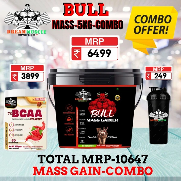 𝗖𝗢𝗠𝗕𝗢 :𝗕𝗨𝗟𝗟 𝗠𝗔𝗦𝗦 𝗚𝗔𝗜𝗡𝗘𝗥-5KG + BCAA 60S