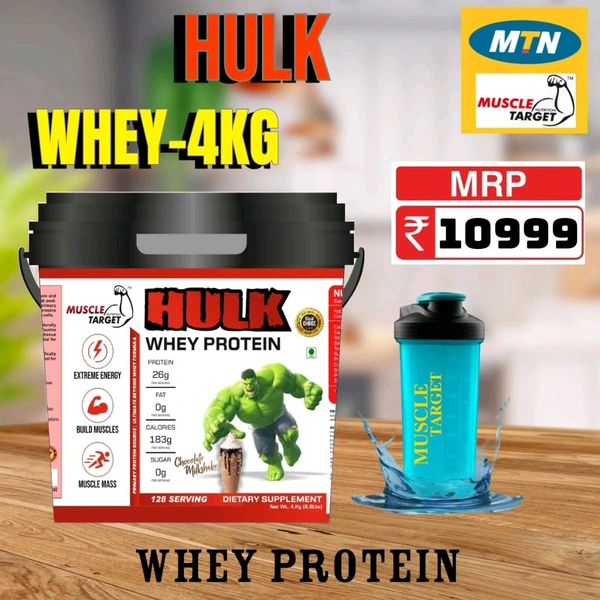 𝐌𝐔𝐒𝐂𝐋𝐄 𝐓𝐀𝐑𝐆𝐄𝐓 𝐍𝐔𝐓𝐑𝐈𝐓𝐈𝐎𝐍 (𝗠𝗧𝗡) 𝗛𝗨𝗟𝗞 𝗪𝗛𝗘𝗬  - HULK WHEY 4KG (8.8LBS), CHOCOLATE MILK SHAKE