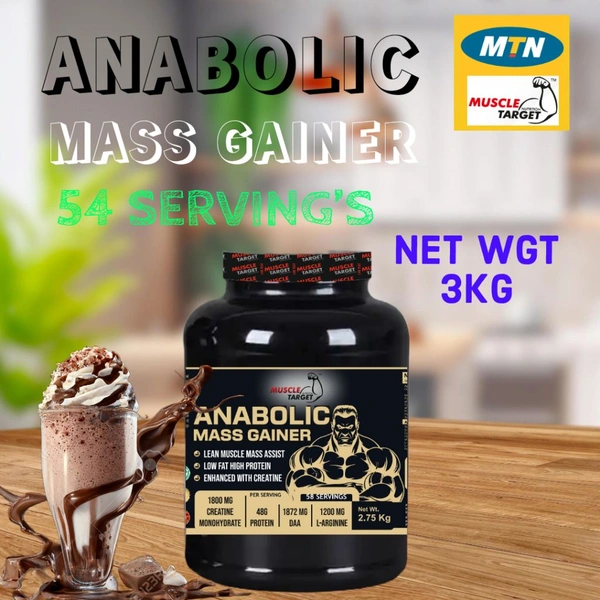 𝐌𝐔𝐒𝐂𝐋𝐄 𝐓𝐀𝐑𝐆𝐄𝐓 𝐍𝐔𝐓𝐑𝐈𝐓𝐈𝐎𝐍 (𝗠𝗧𝗡) 𝗔𝗡𝗔𝗕𝗢𝗟𝗜𝗖 𝗠𝗔𝗦𝗦 𝗚𝗔𝗜𝗡𝗘𝗥 - ANABOLIC GAINER 2.7KG.(6LBS), CHOCOLATE MILK SHAKE