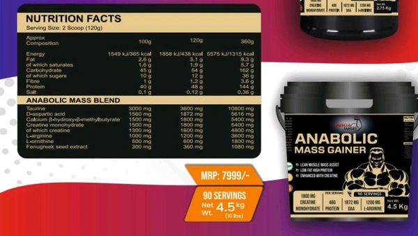𝐌𝐔𝐒𝐂𝐋𝐄 𝐓𝐀𝐑𝐆𝐄𝐓 𝐍𝐔𝐓𝐑𝐈𝐓𝐈𝐎𝐍 (𝗠𝗧𝗡) 𝗔𝗡𝗔𝗕𝗢𝗟𝗜𝗖 𝗠𝗔𝗦𝗦 𝗚𝗔𝗜𝗡𝗘𝗥 - ANABOLIC GAINER 4.5KG.(10LBS), CHOCOLATE MILK SHAKE