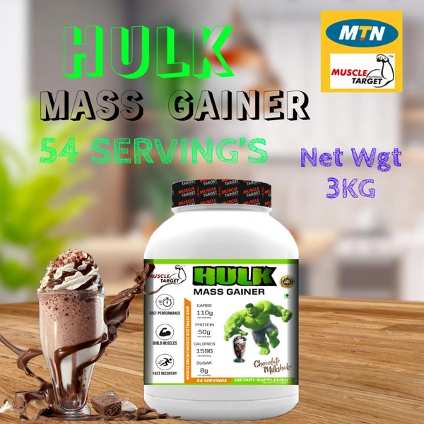 𝐌𝐔𝐒𝐂𝐋𝐄 𝐓𝐀𝐑𝐆𝐄𝐓 𝐍𝐔𝐓𝐑𝐈𝐓𝐈𝐎𝐍 (𝗠𝗧𝗡) 𝗛𝗨𝗟𝗞 𝗠𝗔𝗦𝗦 𝗚𝗔𝗜𝗡𝗘𝗥 - HULK MASS GAINER 2.7KG (6LBS), CHOCOLATE MILK SHAKE