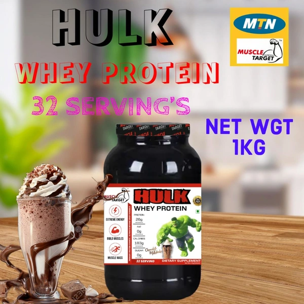 𝐌𝐔𝐒𝐂𝐋𝐄 𝐓𝐀𝐑𝐆𝐄𝐓 𝐍𝐔𝐓𝐑𝐈𝐓𝐈𝐎𝐍 (𝗠𝗧𝗡) 𝗛𝗨𝗟𝗞 𝗪𝗛𝗘𝗬  - HULK WHEY 1KG (2.2LBS), CHOCOLATE MILK SHAKE
