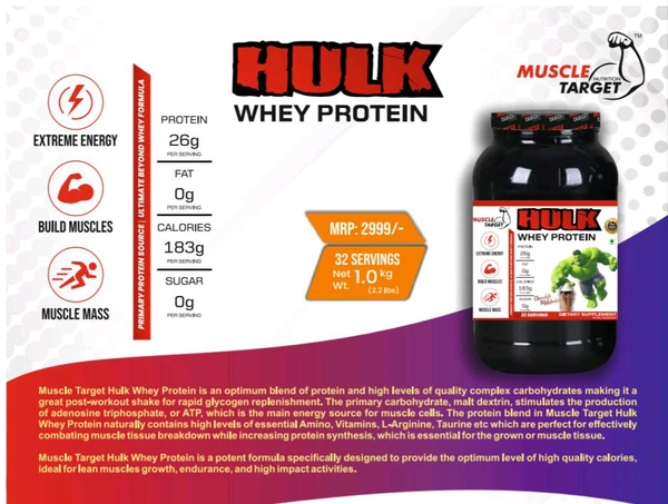 𝐌𝐔𝐒𝐂𝐋𝐄 𝐓𝐀𝐑𝐆𝐄𝐓 𝐍𝐔𝐓𝐑𝐈𝐓𝐈𝐎𝐍 (𝗠𝗧𝗡) 𝗛𝗨𝗟𝗞 𝗪𝗛𝗘𝗬  - HULK WHEY 1KG (2.2LBS), CHOCOLATE MILK SHAKE