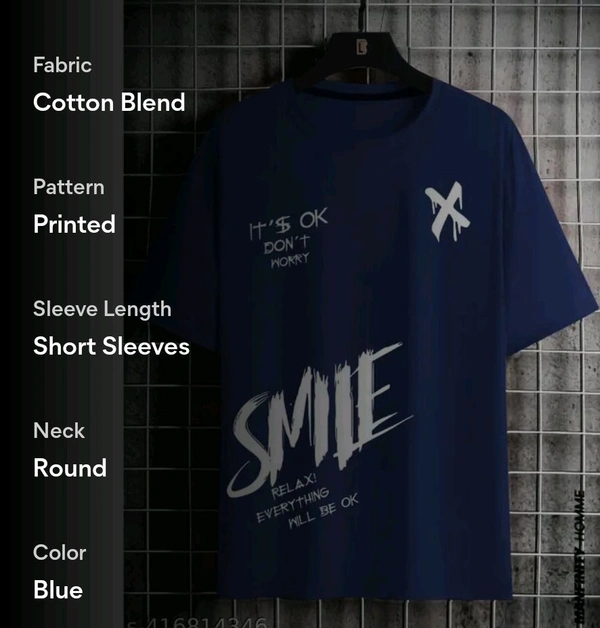 Stylish Partywear Men Cotton Blend T-shirt - M, Pigment Indigo