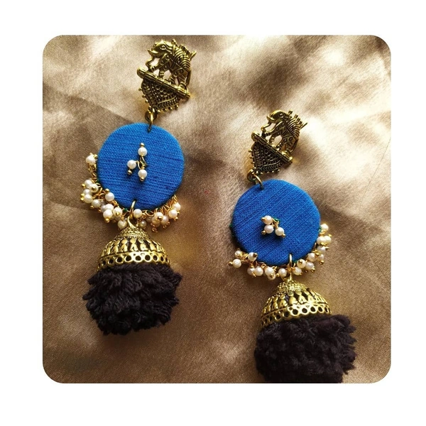 Black Pompom Blue Earrings 