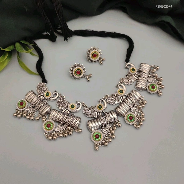 Antique Oxidized Peacock Necklace Set with Green & Red Stone Accents
