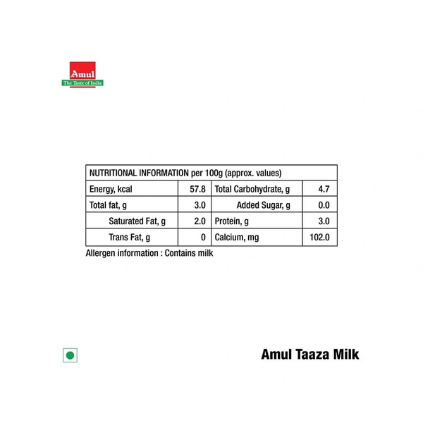 Amul Taaza Toned Fresh Milk - 500 ml