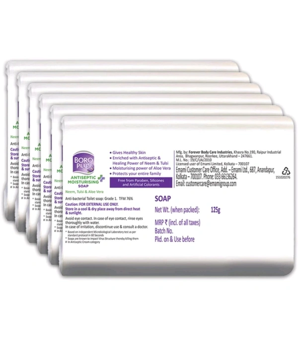 BOROPLUS Antiseptic + Moisturising Soap - Neem, Tulsi& Aloe Vera (6 x 125 g) •