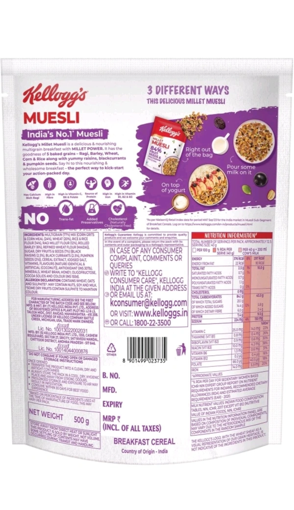 Kellogg's Millet Muesli 84% Fruit, Seed & Multigrain Pouch (500 g) •