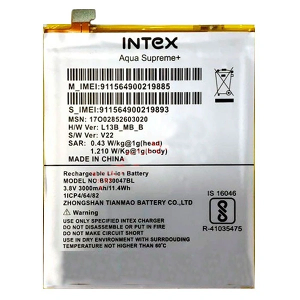 For Intex Aqua Supreme Plus Mobile BR30047BL Battery 3000 mAh 