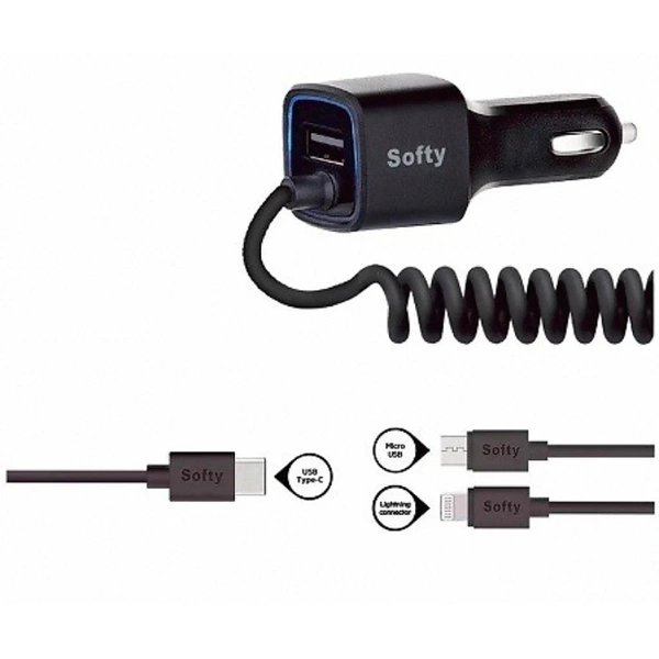 Softy Car Charger 3.1AMP Fast Charger (3 in 1) Scc101 - black