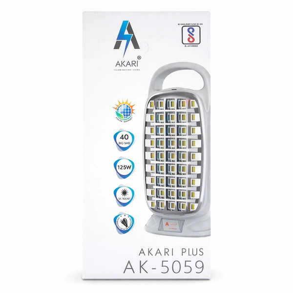 AKARI Plus AK-5059 S Rechargeable LED Emergency Light | 40 Big SMD LEDs | 125W Equivalent Brightness | Solar Support | DC Charging | Portable Lantern