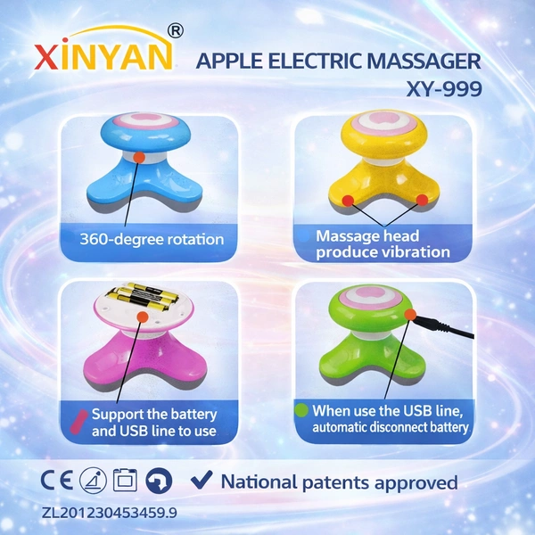 XINYAN Apple Electric Massager XY-999 | Mini Handheld Body Massager | 360° Rotating Head | USB & Battery Powered | Portable Muscle Relaxation for Neck, Shoulder, Back, Legs