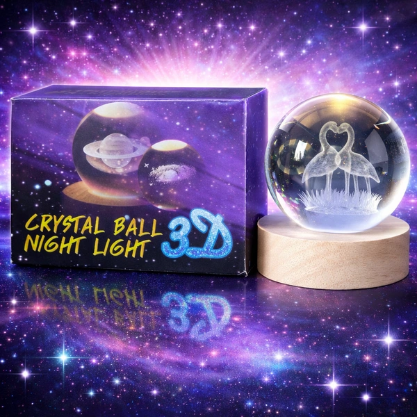 Crystal Ball Night Light 3D LED Lamp with Wooden Base – Laser Engraved Flamingo Design, USB Powered Decorative Bedside Lamp for Bedroom, Living Room & Gift