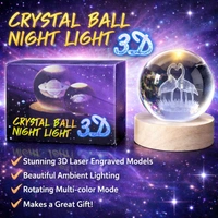 Crystal Ball Night Light 3D LED Lamp with Wooden Base – Laser Engraved Flamingo Design, USB Powered Decorative Bedside Lamp for Bedroom, Living Room & Gift