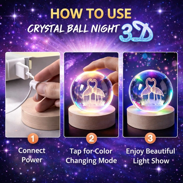 Crystal Ball Night Light 3D LED Lamp with Wooden Base – Laser Engraved Flamingo Design, USB Powered Decorative Bedside Lamp for Bedroom, Living Room & Gift