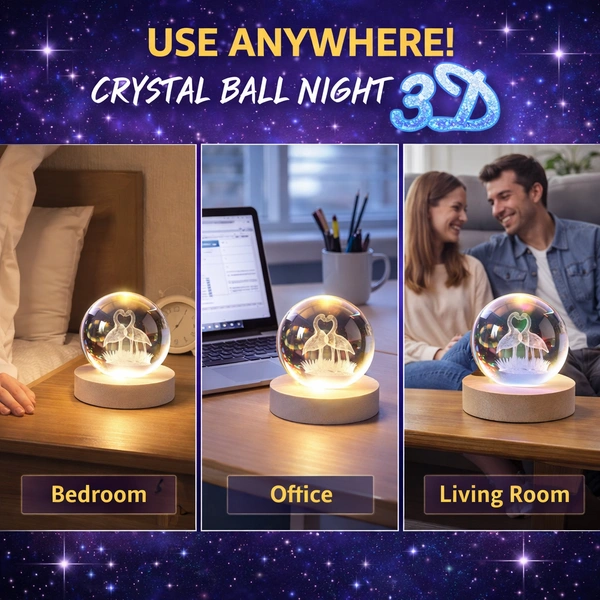 Crystal Ball Night Light 3D LED Lamp with Wooden Base – Laser Engraved Flamingo Design, USB Powered Decorative Bedside Lamp for Bedroom, Living Room & Gift