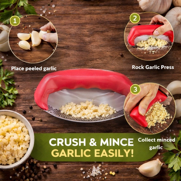Sugam Smooth Garlic Press | Stainless Steel Blade Garlic Crusher & Mincer | Easy Rocking Garlic Chopper Tool | Rust-Proof Kitchen Gadget (Red)