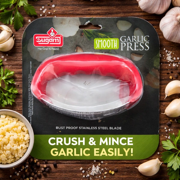 Sugam Smooth Garlic Press | Stainless Steel Blade Garlic Crusher & Mincer | Easy Rocking Garlic Chopper Tool | Rust-Proof Kitchen Gadget (Red)