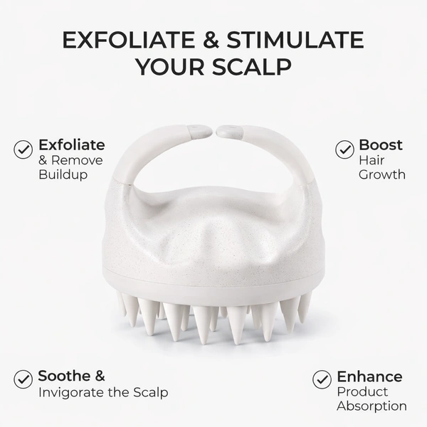 Premium Silicone Scalp Massager Brush | Soft Bristle Hair & Body Cleaning Brush | Handheld Shower Scrubber for Deep Cleansing & Relaxation (White)