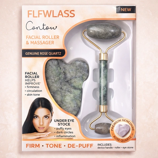 Contour Facial Roller & Massager Set with Green Quartz – Double-Sided Face Roller + Under Eye Gua Sha Stone for Skin Firming, De-Puffing & Circulation