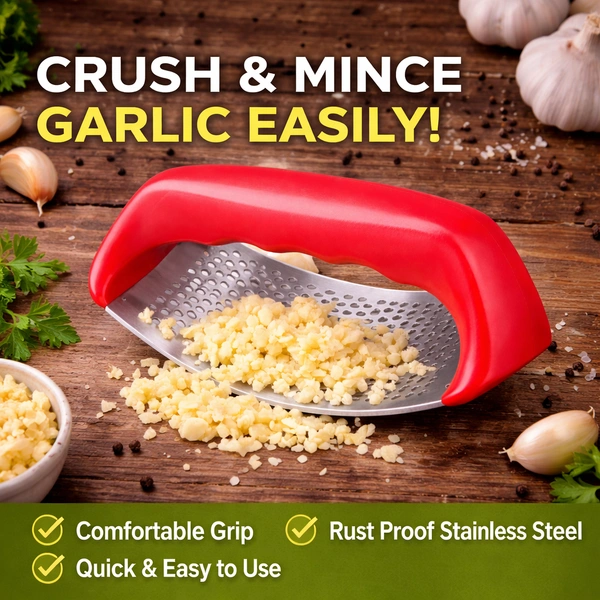 Sugam Smooth Garlic Press | Stainless Steel Blade Garlic Crusher & Mincer | Easy Rocking Garlic Chopper Tool | Rust-Proof Kitchen Gadget (Red)