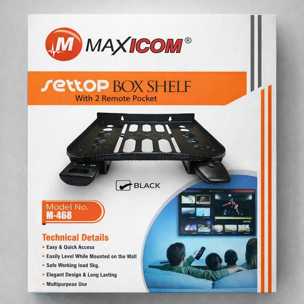 MAXICOM Set-Top Box Wall Shelf (M-468) with Dual Remote Holder | Heavy Duty 5kg Load | Multipurpose Wall Mount Stand for Set Top Box, WiFi Router, Speakers | Black