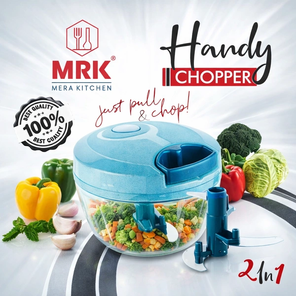 MRK Handy Chopper 2-in-1 Manual Vegetable & Dry Fruit Cutter | Pull Cord Food Chopper | 3 Stainless Steel Blades | BPA Free Bowl | Kitchen Chopper for Veggies, Fruits, Nuts & Salads