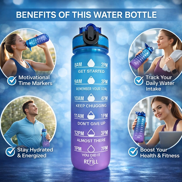 Motivational Water Bottle 1L with Time Marker – Leakproof Gradient Fitness Bottle with Flip Lid – Free Daily Water Tracker for Gym, Office & Outdoor (Blue-Purple)