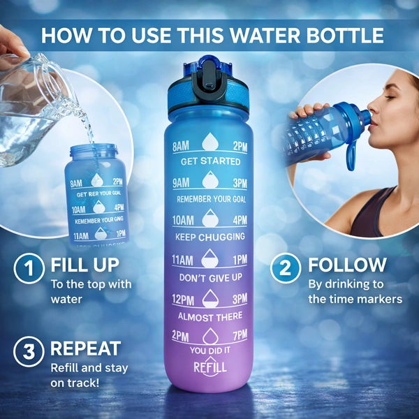 Motivational Water Bottle 1L with Time Marker – Leakproof Gradient Fitness Bottle with Flip Lid – Free Daily Water Tracker for Gym, Office & Outdoor (Blue-Purple)