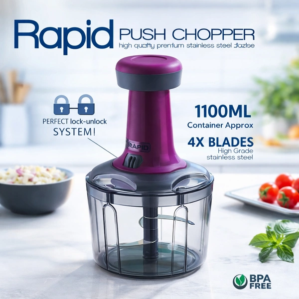 Rapid Push Chopper 1100ml | Manual Vegetable & Fruit Cutter | 4 Stainless Steel Blades | BPA-Free Container | Multipurpose Kitchen Chopper for Onion, Tomato, Nuts & Salad
