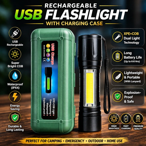USB Rechargeable LED Flashlight Torch – XPE + COB Work Light, Waterproof & Energy Saving, Portable Handheld Emergency Light with Multi-Mode Lighting