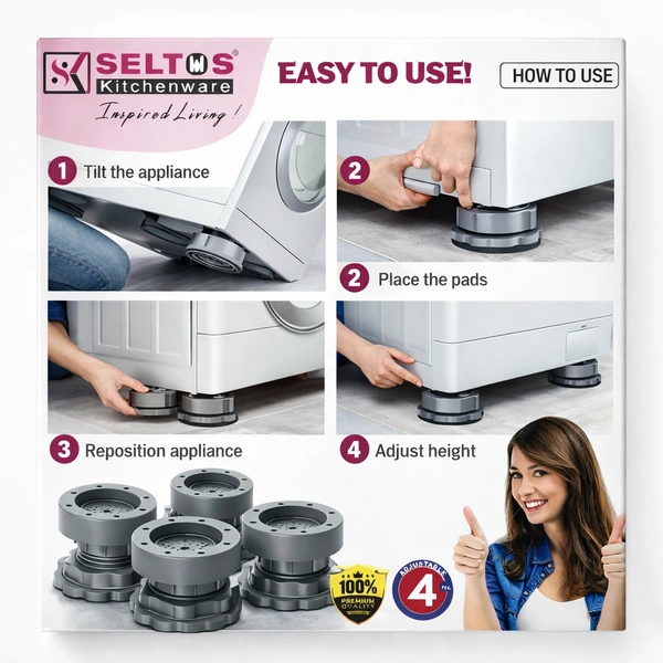 SELTOS Adjustable Washing Machine Vibration Pads (Set of 4) | Anti-Vibration & Noise Reduction Feet | 360° Movable Height Adjustable Stand for Washing Machine, Refrigerator & Furniture