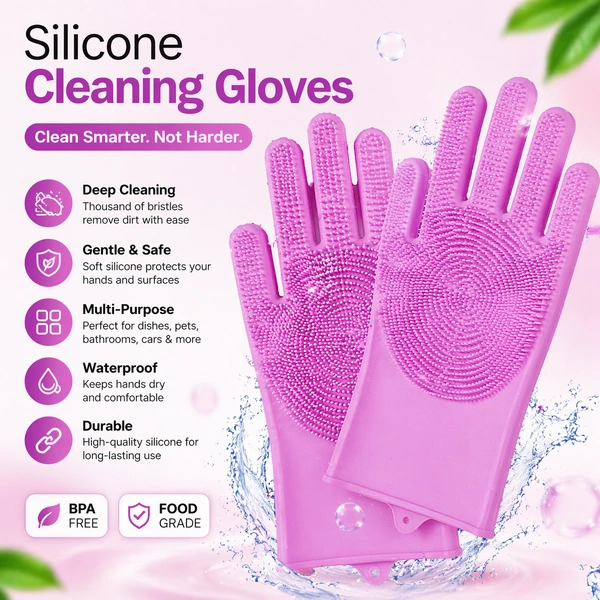Silicone Cleaning Gloves with Built-in Scrubber | Multi-Purpose Dishwashing & Cleaning Gloves | Heat Resistant, Waterproof, Food-Grade Silicone | Reusable Kitchen, Bathroom & Pet Cleaning Gloves (Random Colour, 1 Pair)