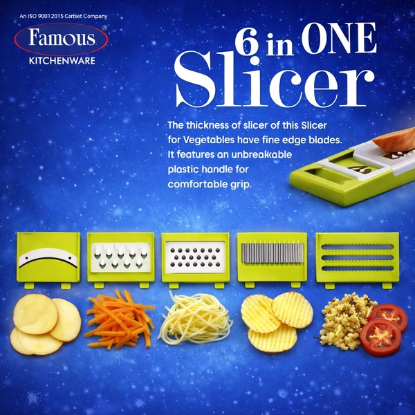 Famous Kitchenware 6 in 1 Vegetable Slicer | Multi-Purpose Cutter with 6 Stainless Steel Blades | ABS Body | Manual Vegetable & Fruit Chopper | Easy Grip & Smooth Sliding