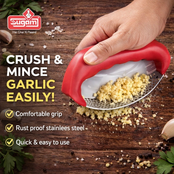 Sugam Smooth Garlic Press | Stainless Steel Blade Garlic Crusher & Mincer | Easy Rocking Garlic Chopper Tool | Rust-Proof Kitchen Gadget (Red)