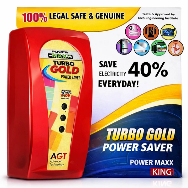 King Powermaxx Turbo Gold Power Saver | Electricity Saving Device for Home | Voltage Stabilizer & Energy Saver Plug | Reduce Power Consumption for AC, Fridge, Washing Machine (Red)