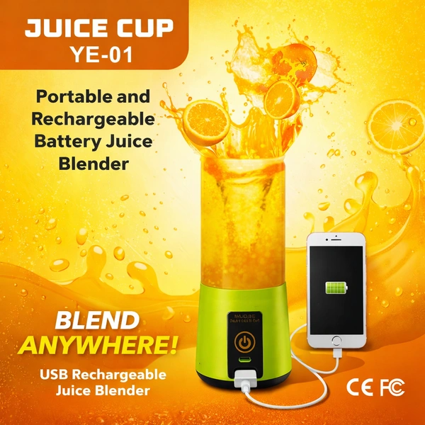 Portable Rechargeable Juice Blender YE-01, USB Electric Mini Juicer Cup 380ml, 2000mAh Battery, Personal Smoothie Maker with Stainless Steel Blades for Travel, Gym & Kitchen