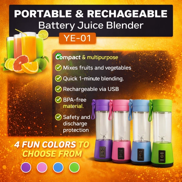 Portable Rechargeable Juice Blender YE-01, USB Electric Mini Juicer Cup 380ml, 2000mAh Battery, Personal Smoothie Maker with Stainless Steel Blades for Travel, Gym & Kitchen
