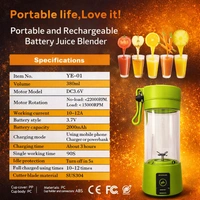 Portable Rechargeable Juice Blender YE-01, USB Electric Mini Juicer Cup 380ml, 2000mAh Battery, Personal Smoothie Maker with Stainless Steel Blades for Travel, Gym & Kitchen