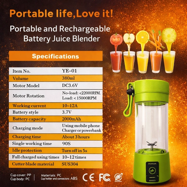 Portable Rechargeable Juice Blender YE-01, USB Electric Mini Juicer Cup 380ml, 2000mAh Battery, Personal Smoothie Maker with Stainless Steel Blades for Travel, Gym & Kitchen
