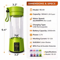 Portable Rechargeable Juice Blender YE-01, USB Electric Mini Juicer Cup 380ml, 2000mAh Battery, Personal Smoothie Maker with Stainless Steel Blades for Travel, Gym & Kitchen