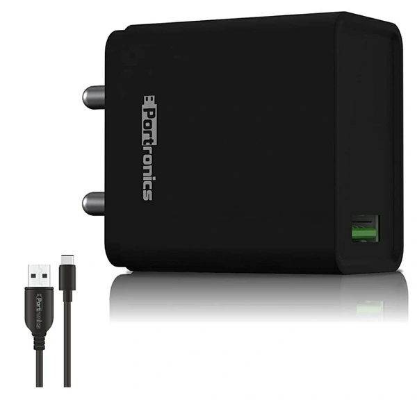 Portronics Adapto ONE PRO 1103 3.0A Single port Adapter with Fast Charging Adapter with 1M Type-Cable (Black) - 0.83