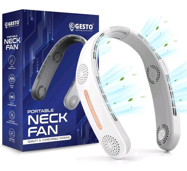 Rechargeable Portable Neck Fan or DC Fan - 3 Speed Modes Hand Free Fan for Summer With 3600 mAh Battery | Upgrade 360° Airflow, Super Quiet With 4 Turbo Motors for Indoor,Outdoor,Travel (White) - White